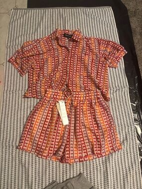 Reason Short Sleeve Shirt & Elastic Waist Shorts in Red, Orange, Pink